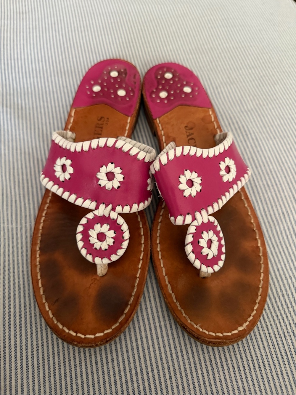 Jack Rogers Hot Pink White-Stitched Toe-Post Sandals